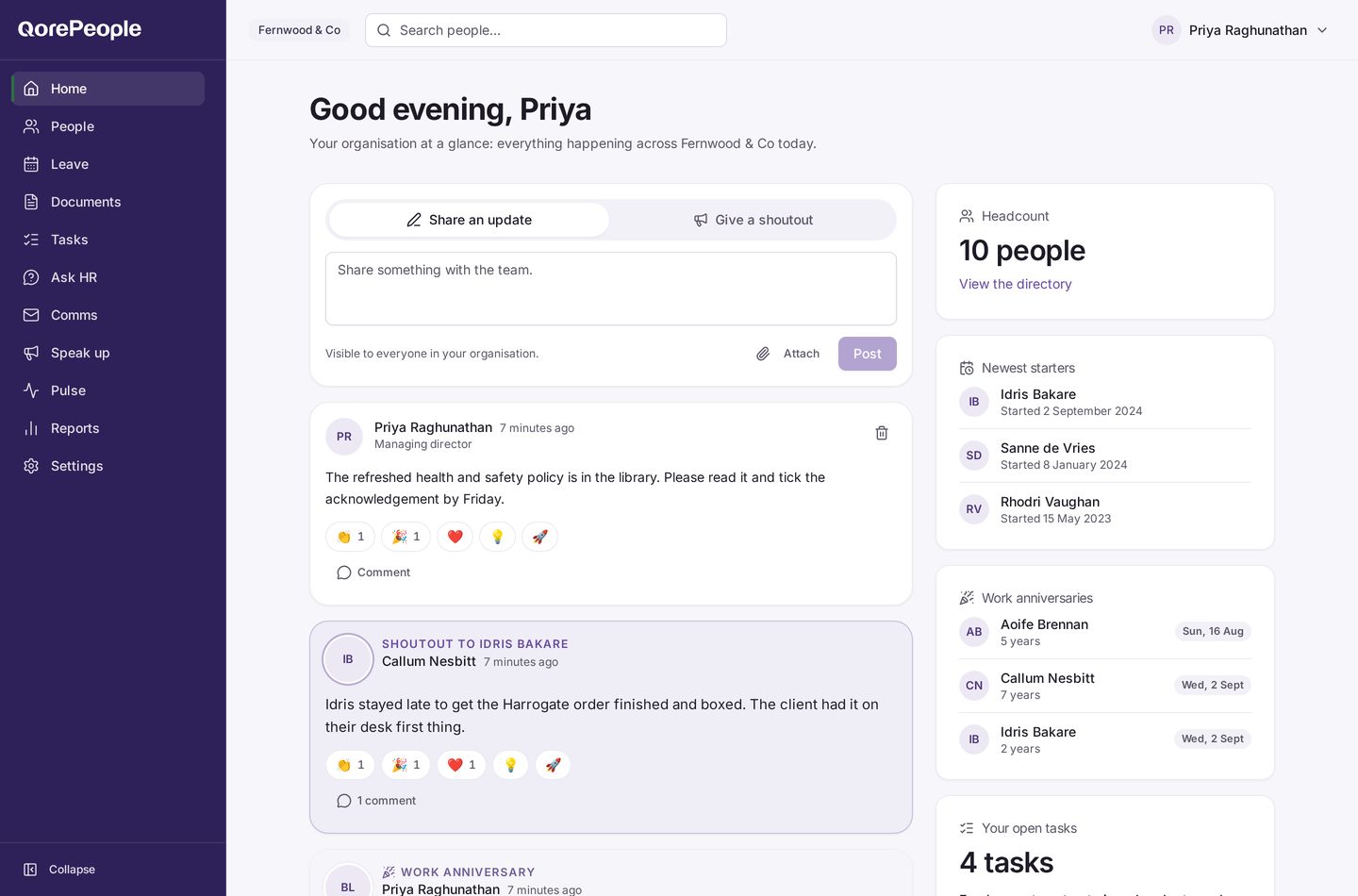 The QorePeople home page for a demonstration organisation, showing the feed, headcount and upcoming celebrations